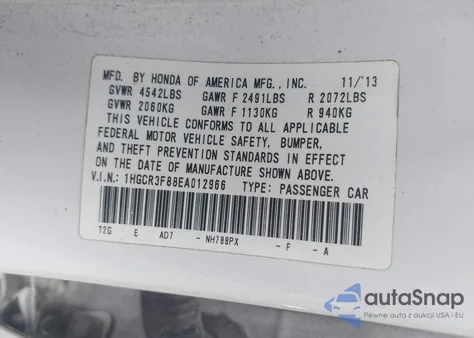 2014 Honda Accord Ex-L V-6 из США, поврежденный, VIN 1HGCR3F88EA012966